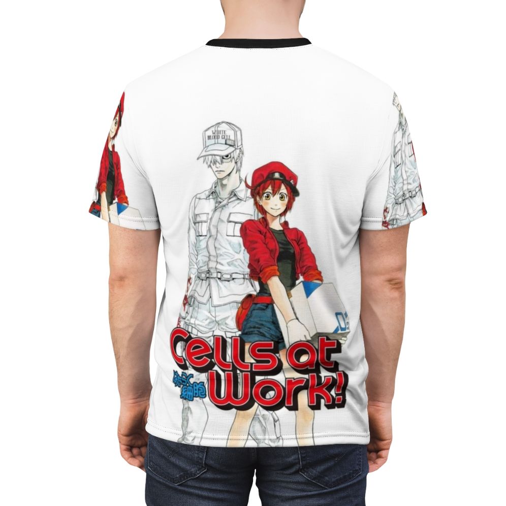 Illustrated t-shirt design featuring anime-style cells from the "Cells at Work" manga and anime series - men back