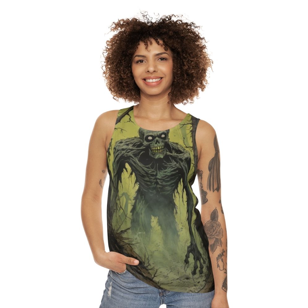 Zombie Stalker Unisex Tank Top with Haunting Illustration - women