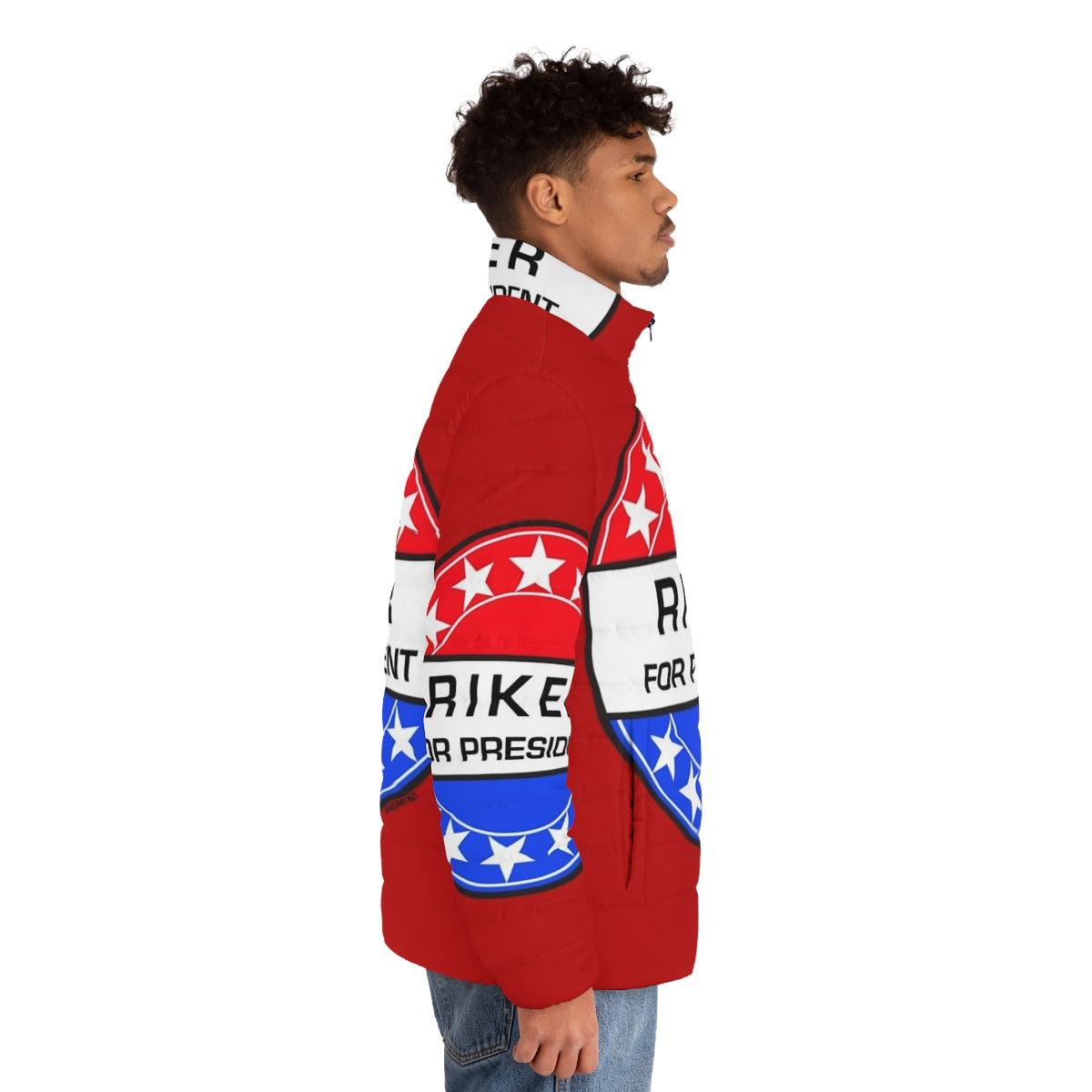 Riker For President sci-fi puffer jacket with phigment pop art design - men side right