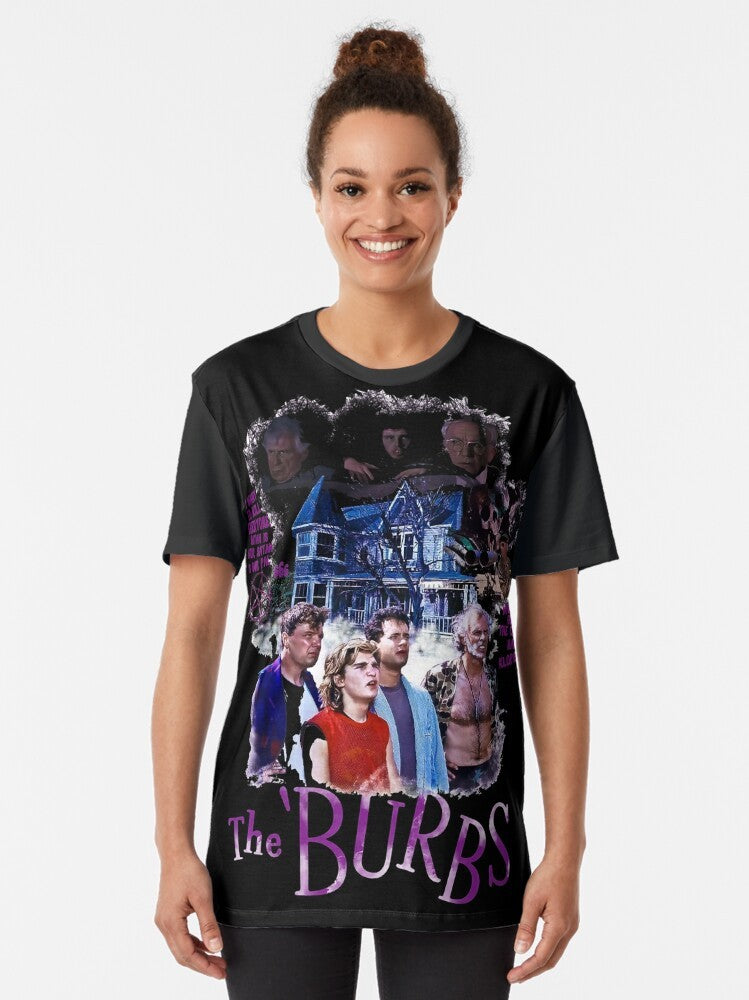 The Burbs film art print graphic t-shirt featuring characters and quotes from the classic 80s horror-comedy movie - Women