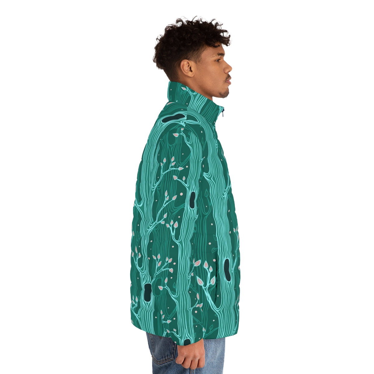 Emerald forest seamless tree pattern puffer jacket - men side right