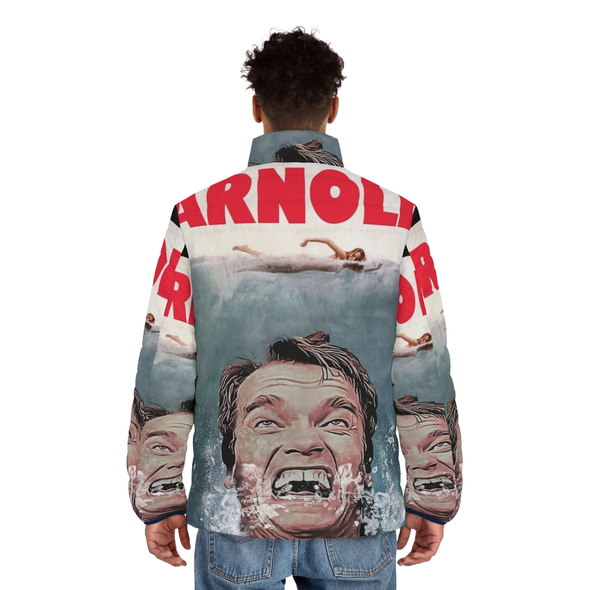 Arnold Shark Puffer Jacket - Funny Schwarzenegger Shark Puffer Jacket - men back