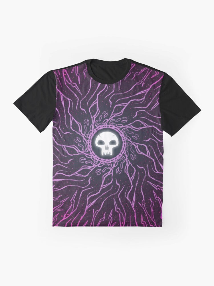 Minimalist black mana skull graphic t-shirt for magic the gathering fans - Flat lay