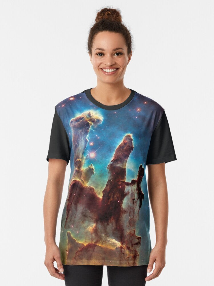 The Pillars of Creation, a famous nebula in the Milky Way galaxy, depicted on a graphic t-shirt. - Women