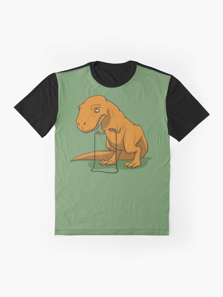 Graphic t-shirt design featuring a T-Rex dinosaur with tiny arms jumping a jump rope. - Flat lay