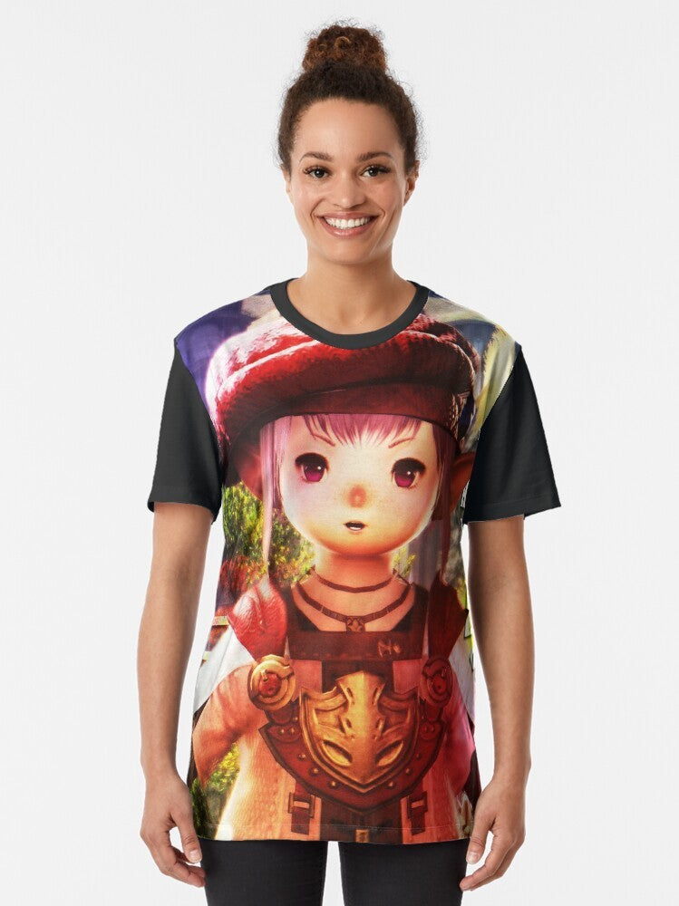 Graphic t-shirt featuring Tataru, the wise accountant character from the video game Final Fantasy XIV (FFXIV) - Women