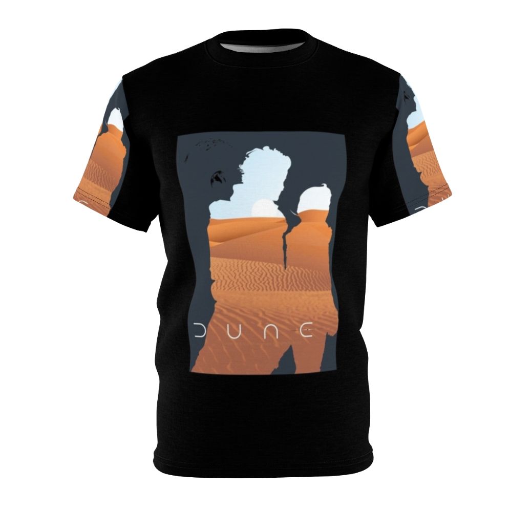 A high-quality all-over-print t-shirt featuring a dune landscape with the moons of Arrakis, inspired by the Dune science fiction series.