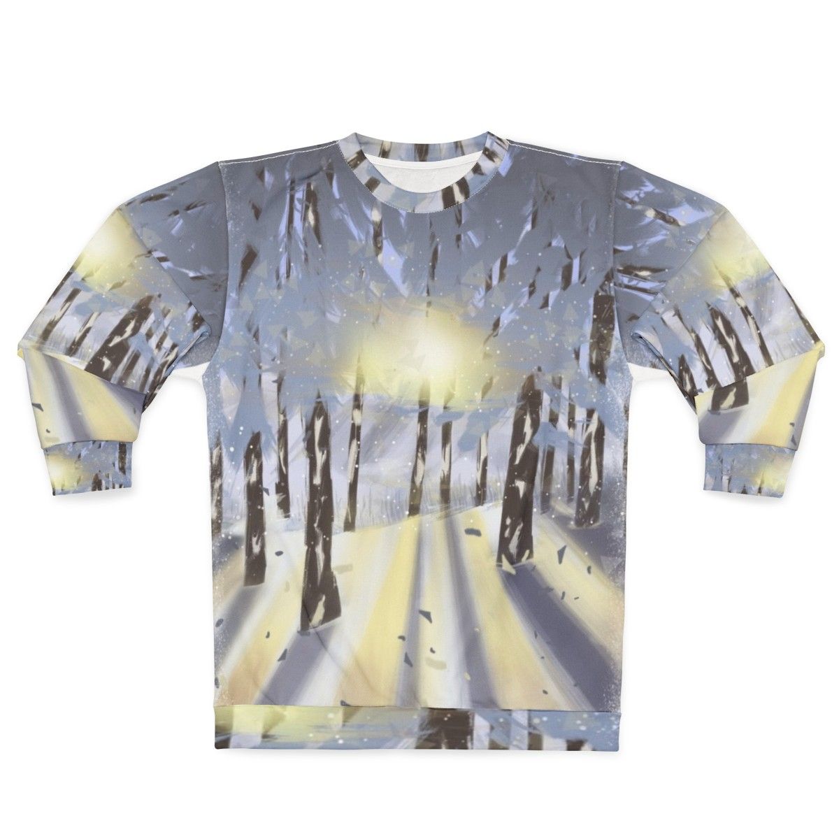 Cozy nature-inspired winter sweatshirt with forest and snow scene