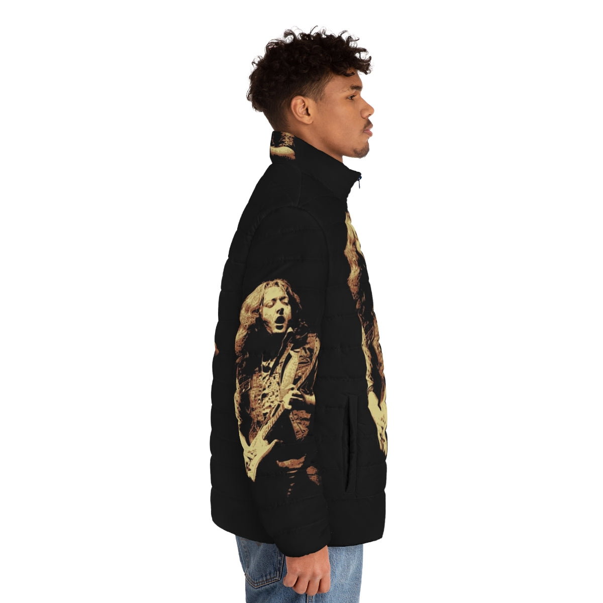 Rory Gallagher inspired puffer jacket, featuring the iconic musician's portrait - men side right