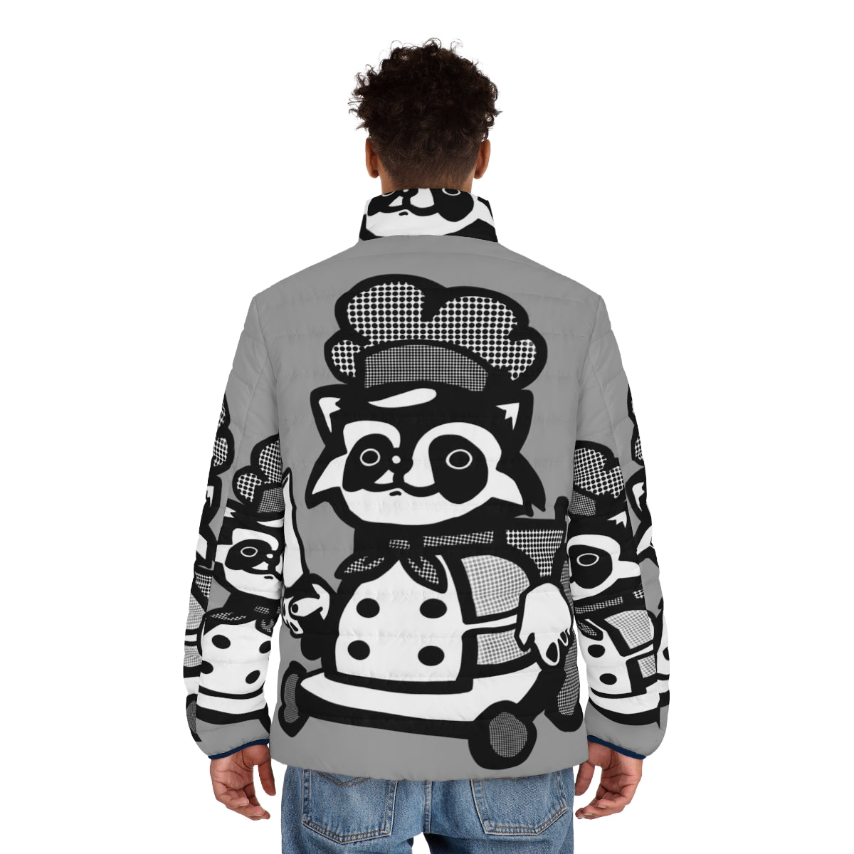 Overcooked Raccoon Puffer Jacket with Retro Comic Graphic - men back