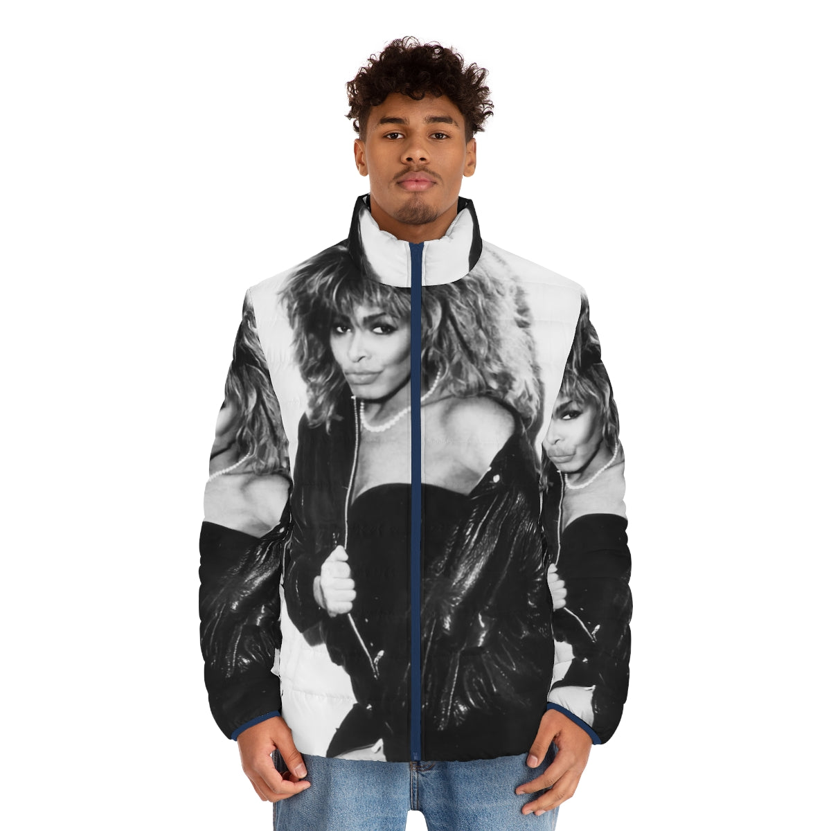 Vintage-inspired 80s style puffer jacket with a bold, black and white graphic design - men front