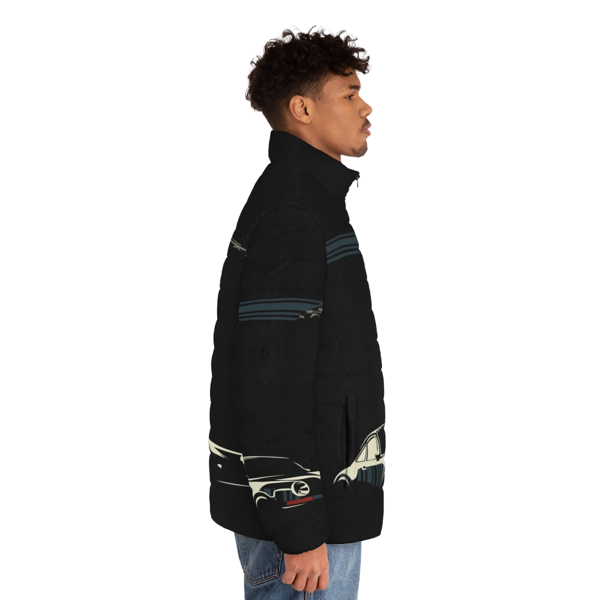 Minimalist Porsche Puffer Jacket featuring a black and white car illustration - men side right