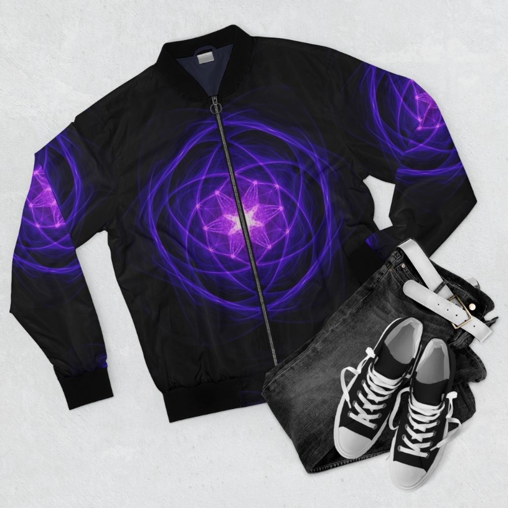 Indigo bomber jacket with energetic geometry, sacred geometry, and spiritual designs - Flat lay