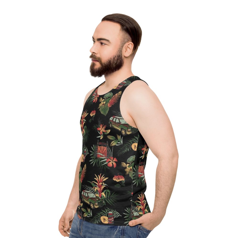 Vintage Jurassic Park inspired unisex tank top with floral dinosaur pattern - men side