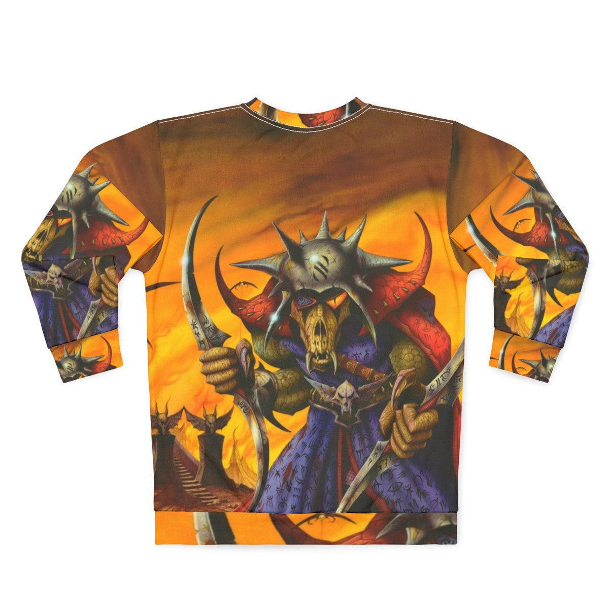 Heavy metal sweatshirt featuring a fiery, villainous fantasy design - Back