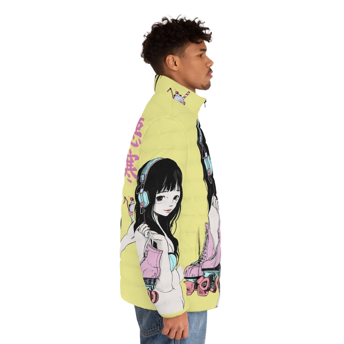 Chill Lofi Summer Girl Puffer Jacket with Vaporwave Aesthetic - men side right