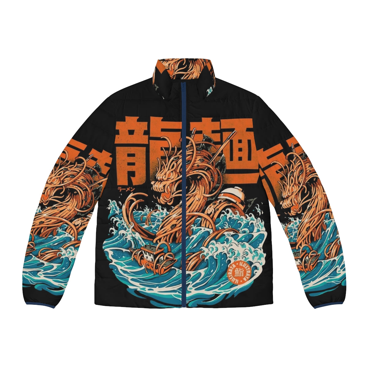 An anime-inspired puffer jacket featuring a ramen dragon design, inspired by the famous Kanagawa Wave artwork.