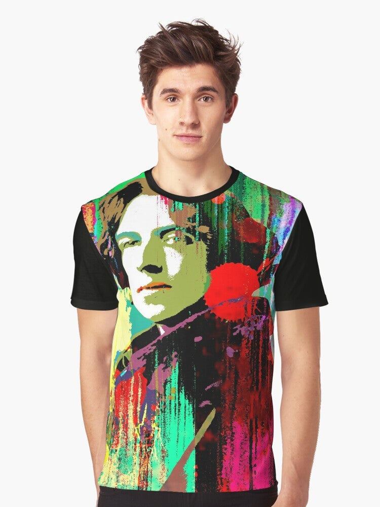 Stylish graphic t-shirt featuring the portrait and signature of famous Irish writer and literary icon Oscar Wilde, known for his contributions to LGBTQ+ culture. - Men