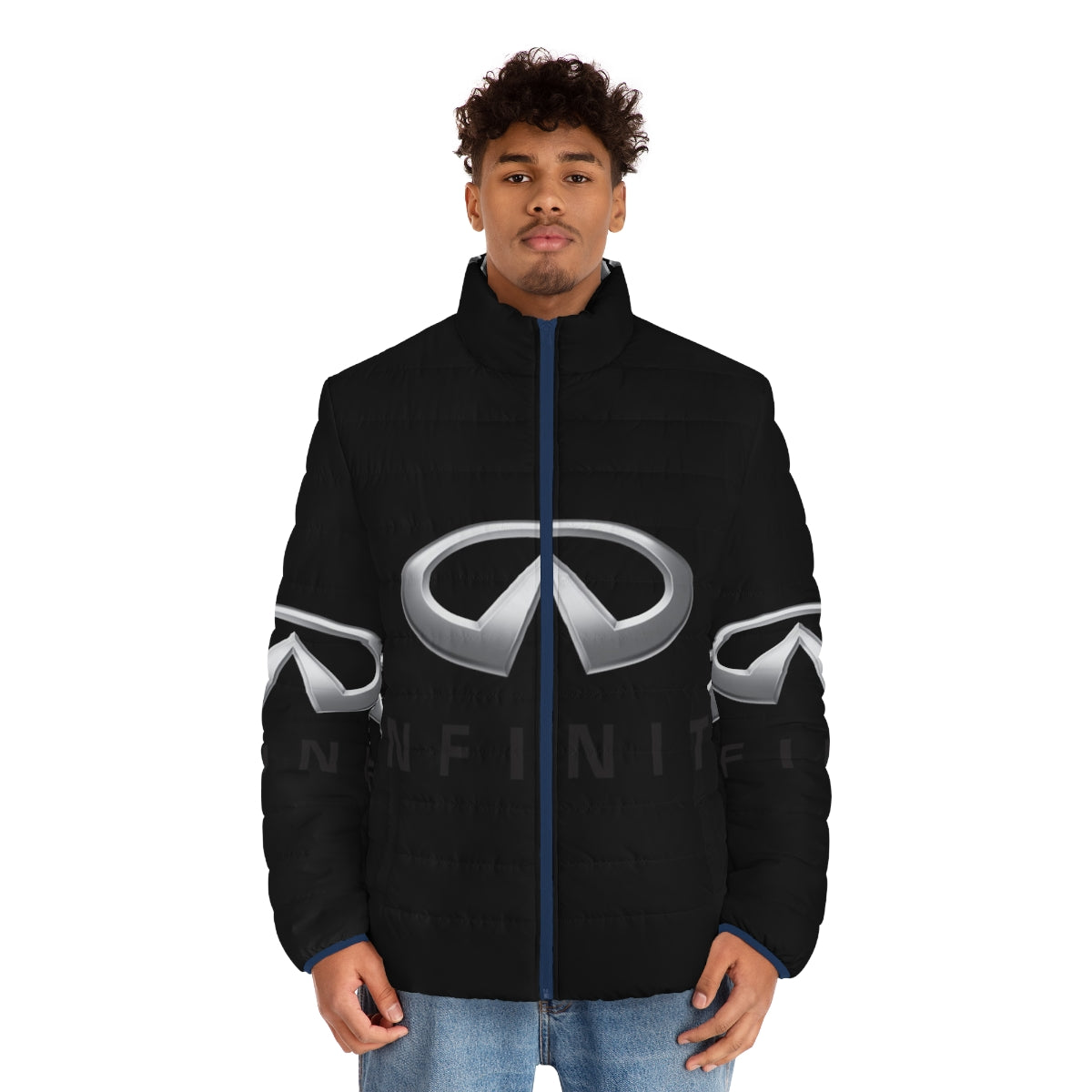 Infiniti car design puffer jacket with car silhouette graphic - men front