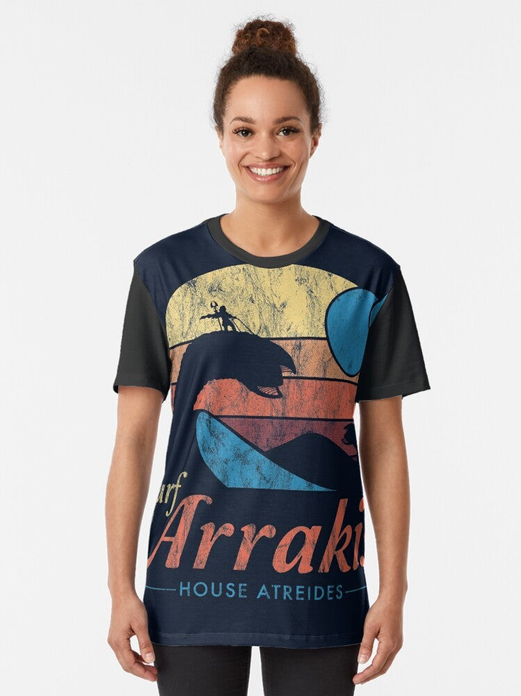 Vintage distressed Dune sci-fi graphic t-shirt featuring Arrakis, sandworm, and spice - Women