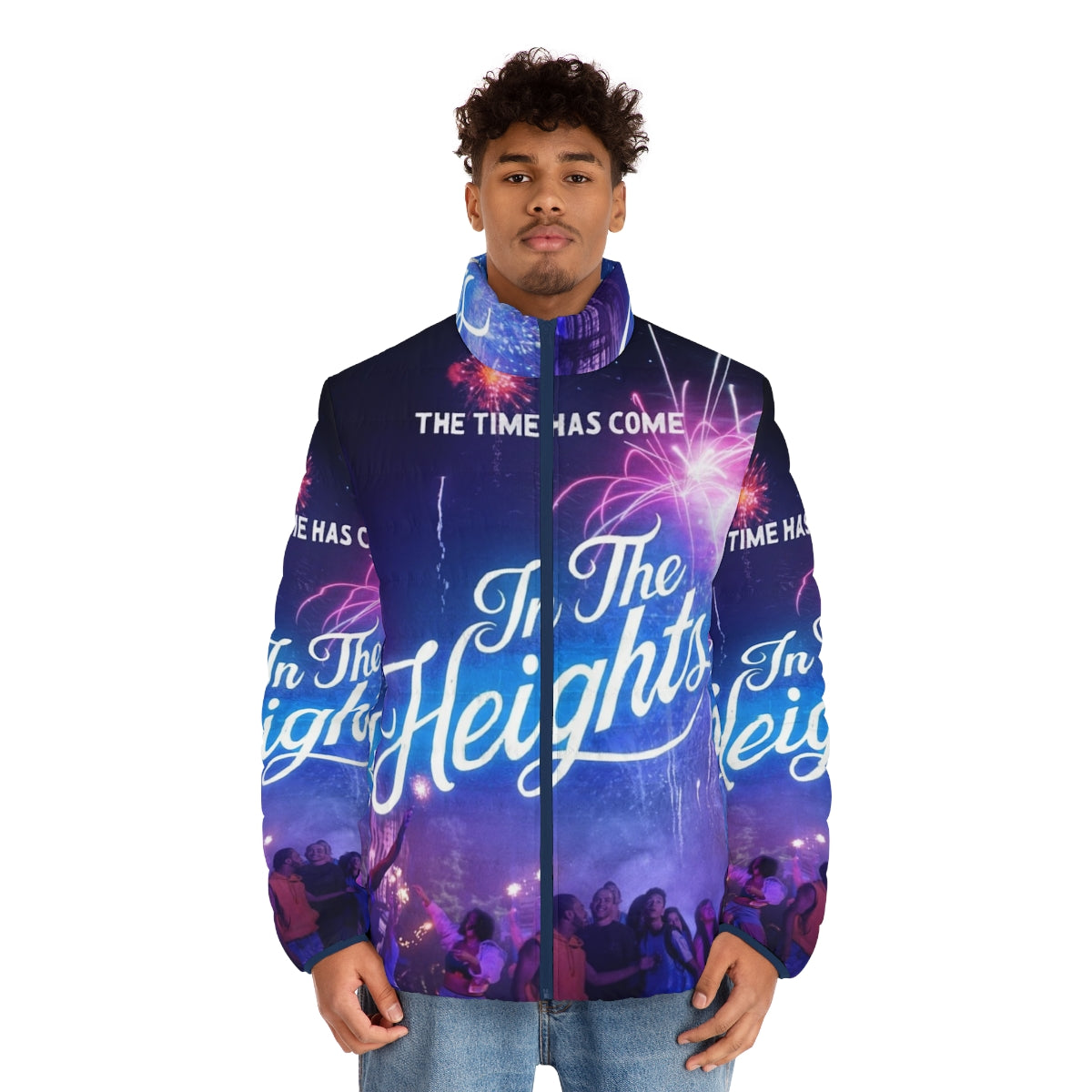 Model wearing the "In The Heights" themed puffer jacket - men front