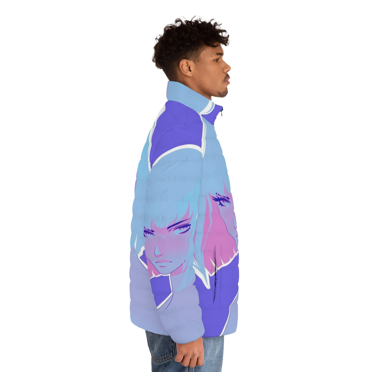 Colorful winter puffer jacket with a modern, anime-inspired design - men side right