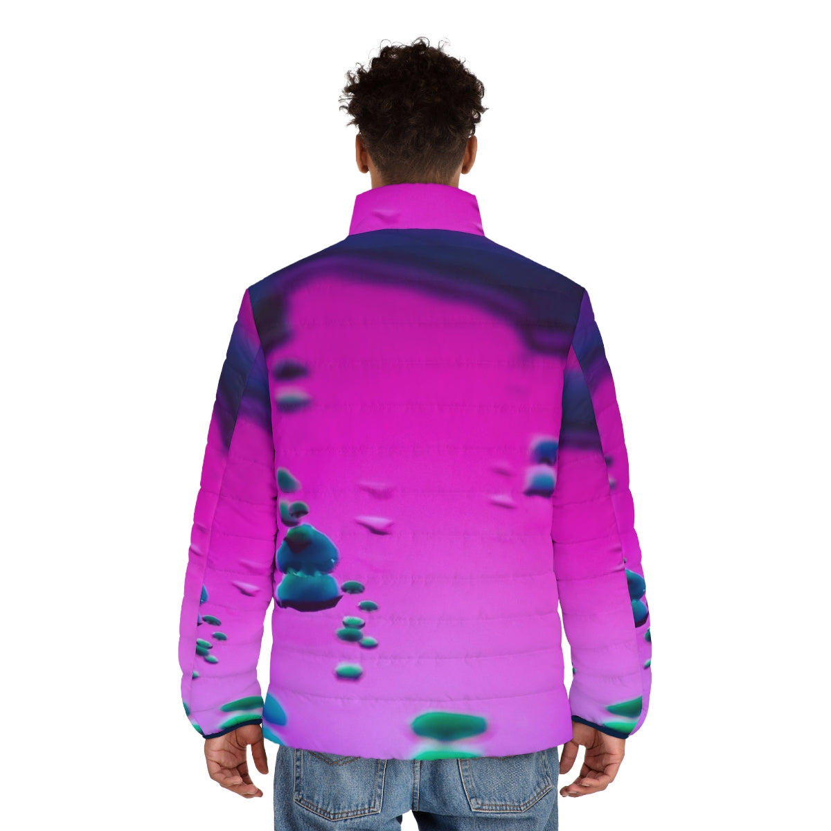 Psychedelic iridescent puffer jacket with trippy, dreamy abstract design - men back