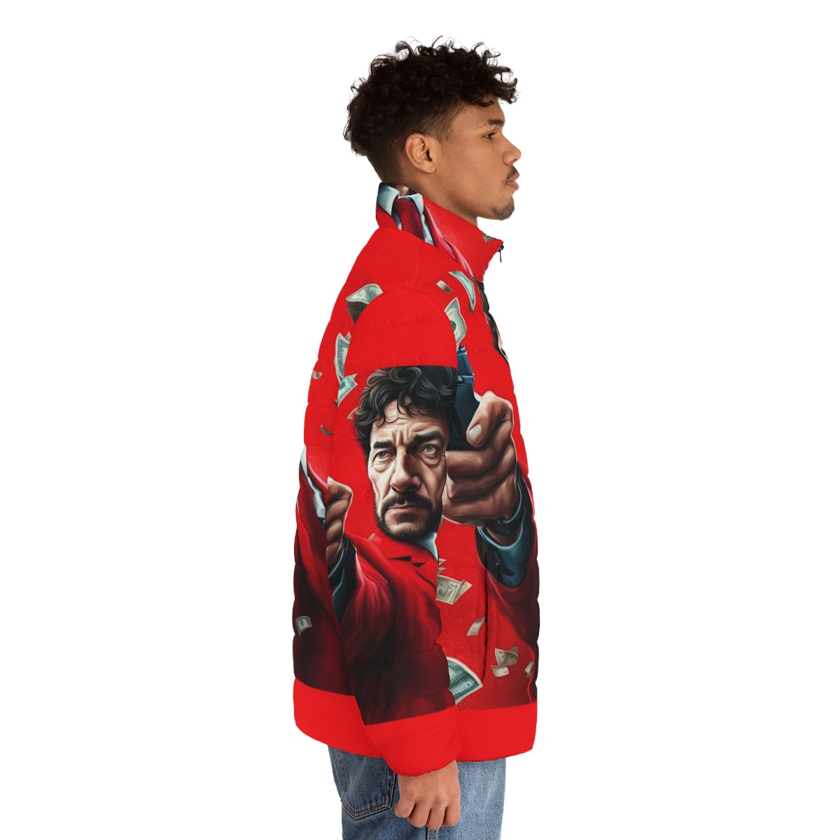 Money Heist Red Suit Puffer Jacket, featuring the iconic red suit from the popular TV series - men side right