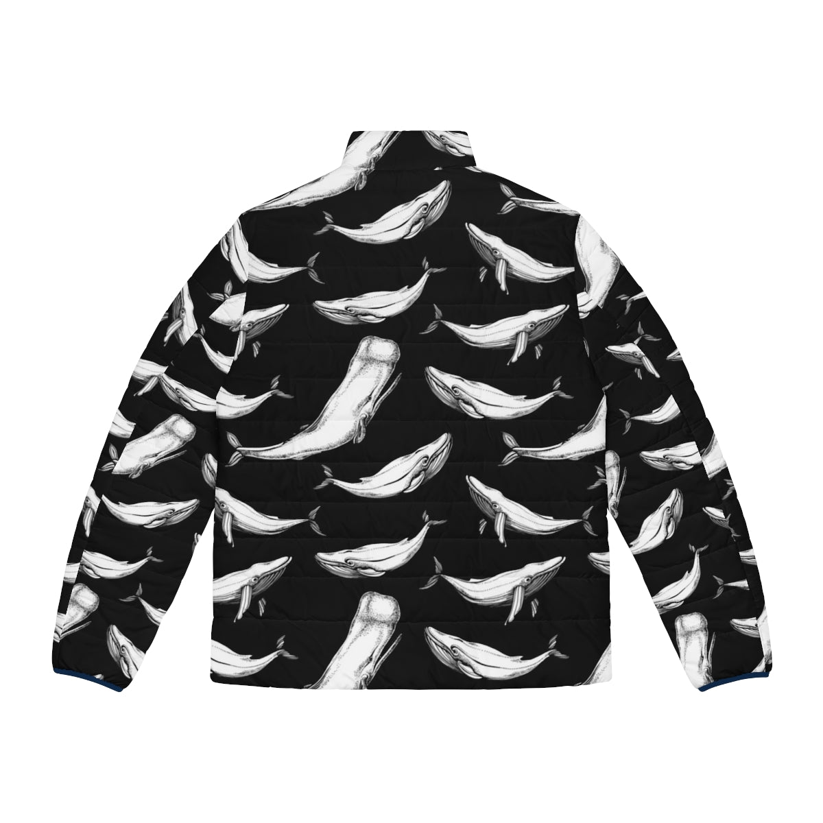 Black patterned puffer jacket with whales and whale graphics - Back