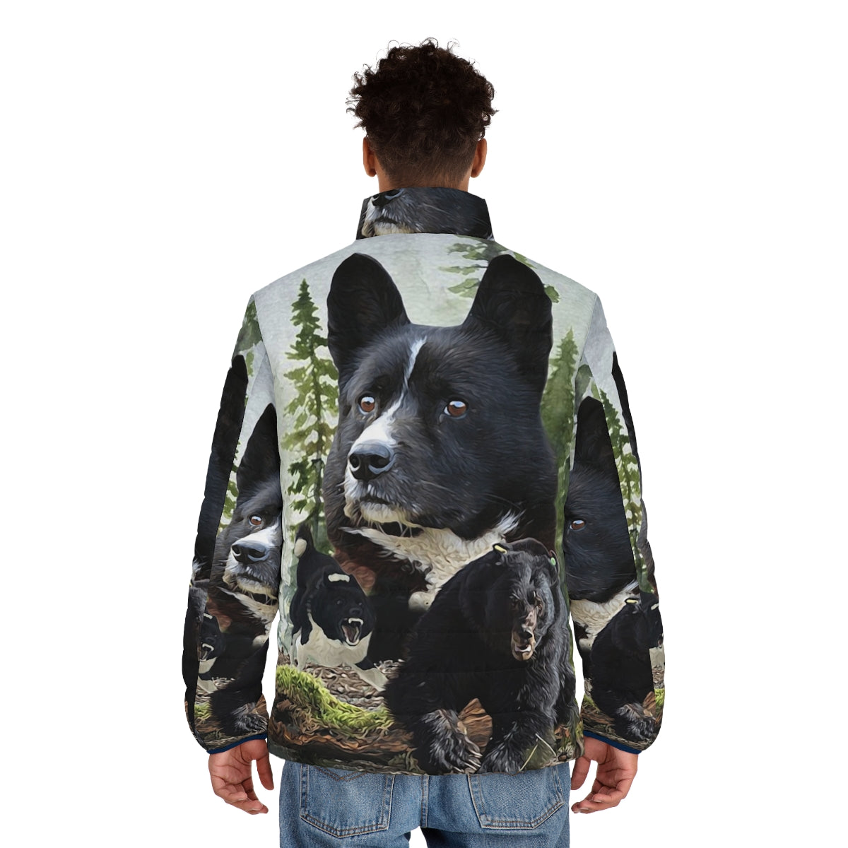 Karelian Bear Dog wearing a puffer jacket, ready for outdoor hunting - men back