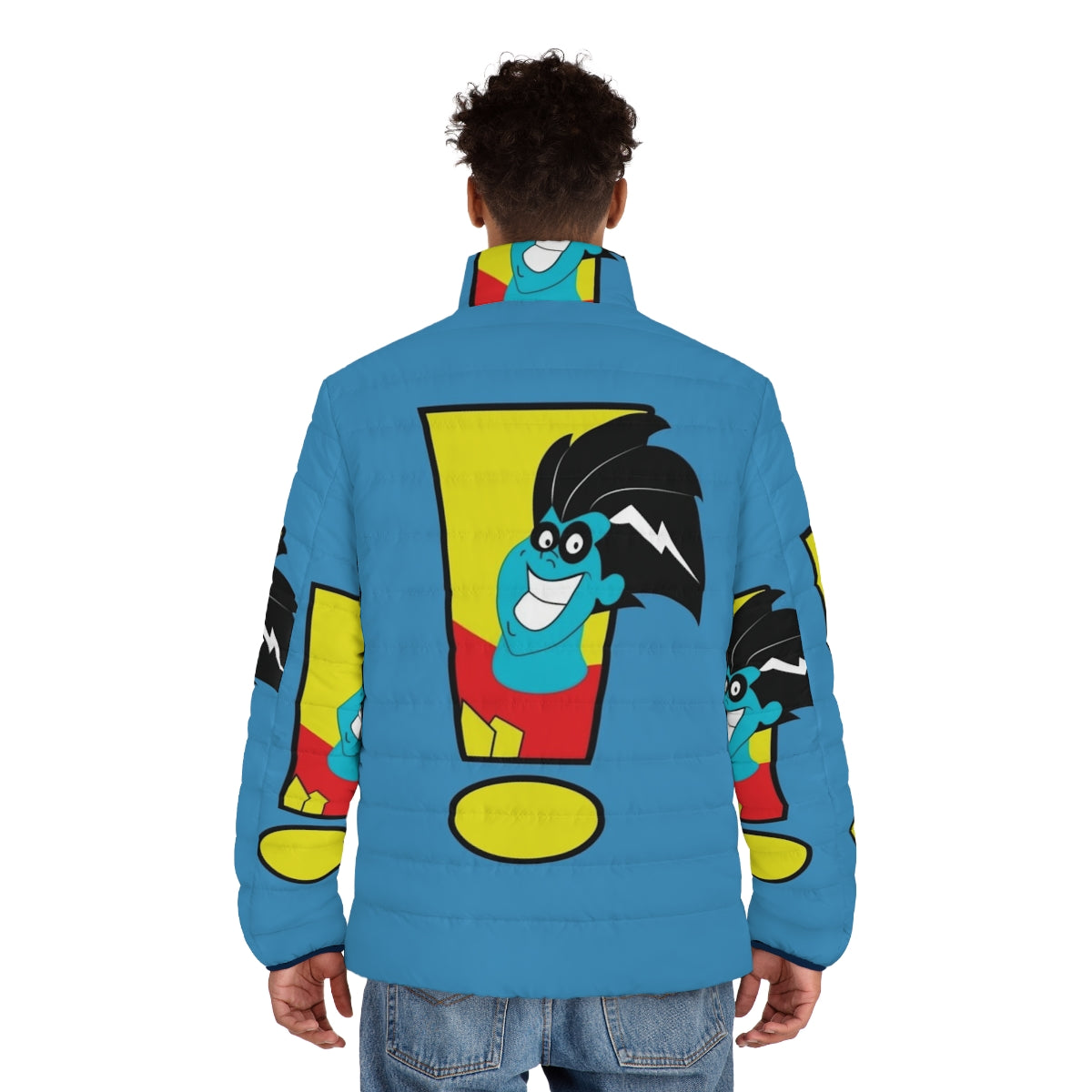 Freakazoid puffer jacket, a nostalgic 90s cartoon superhero design - men back