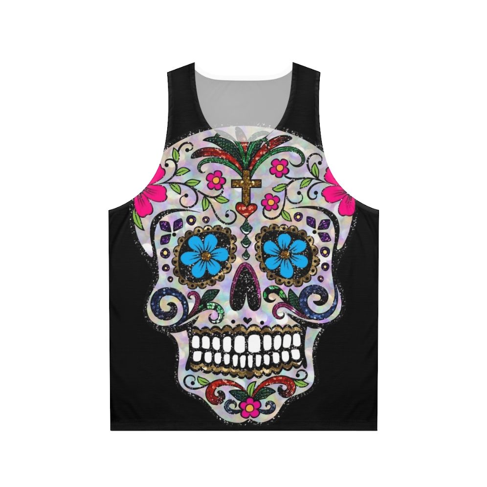 Unisex sugar skull tank top with floral design