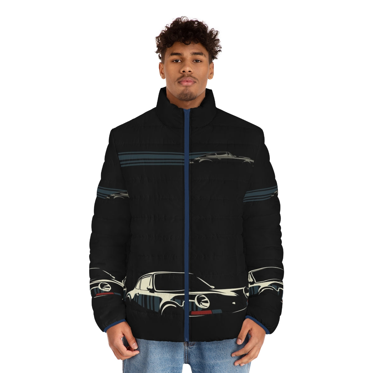 Minimalist Porsche Puffer Jacket featuring a black and white car illustration - men front