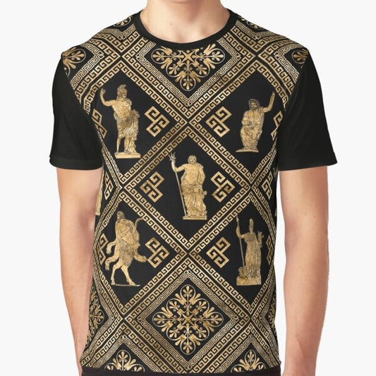 A graphic t-shirt featuring Greek gods and the meander key design on a black background.