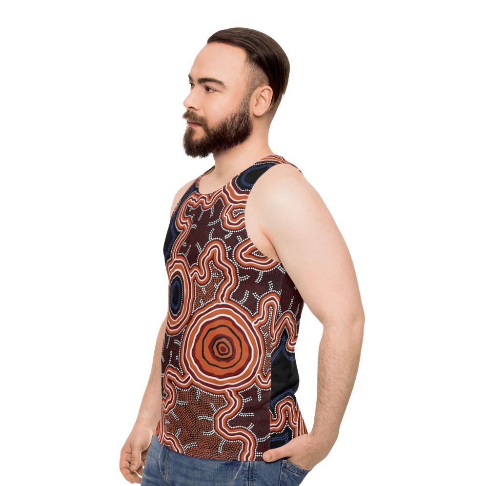 Authentic Aboriginal Art Unisex Tank Top with Pathway to Water Design - men side