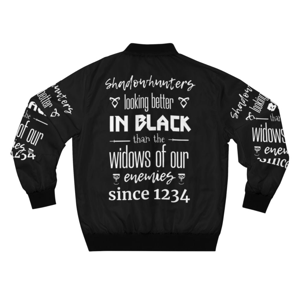 Shadowhunters Black Bomber Jacket with Shadowhunter-inspired Quotes and Characters - Back