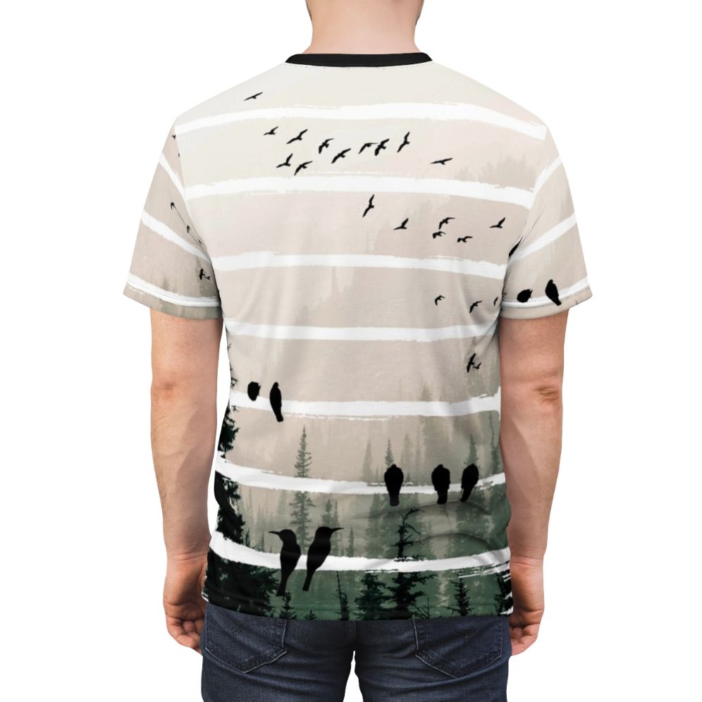 Artistic abstract geometric t-shirt design featuring misty forest, nature landscape, and birds in flight silhouette - men back