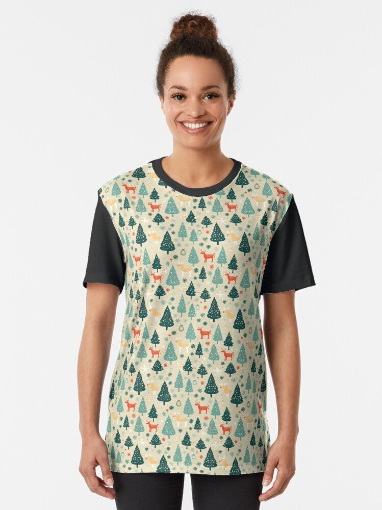 A festive Christmas-themed t-shirt with a seamless graphic design featuring trees and reindeer. - Women