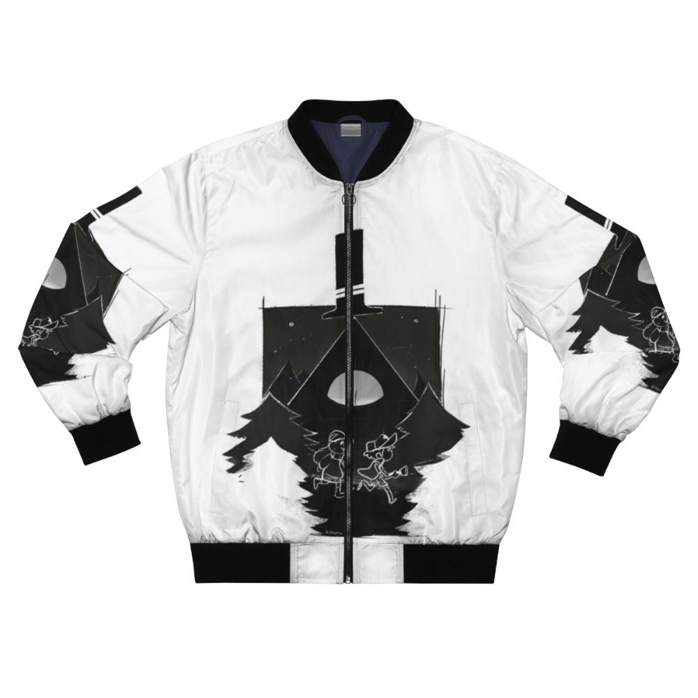 A stylish black and white bomber jacket featuring Dipper, Mabel, and Bill Cipher from the popular TV show Gravity Falls.