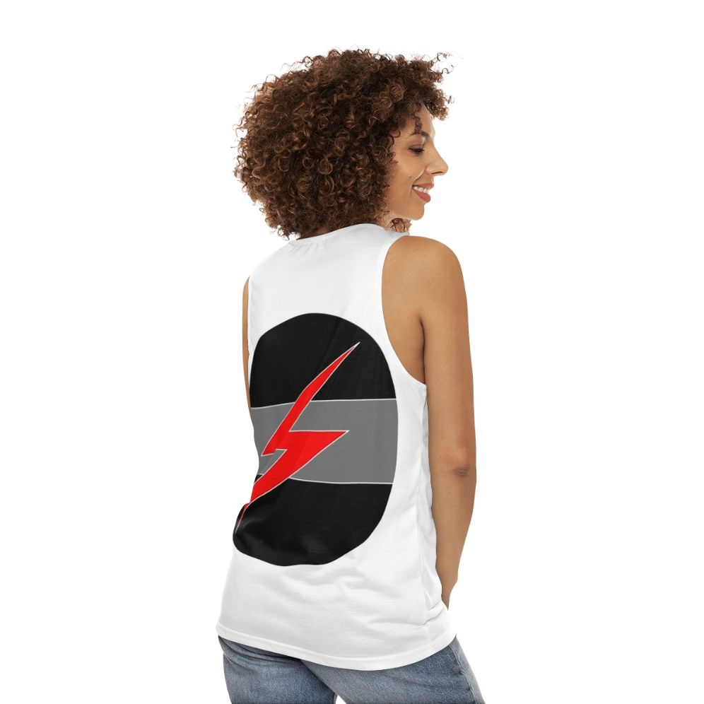 Grey unisex tank top with Throbbing Gristle industrial music band logo - women back