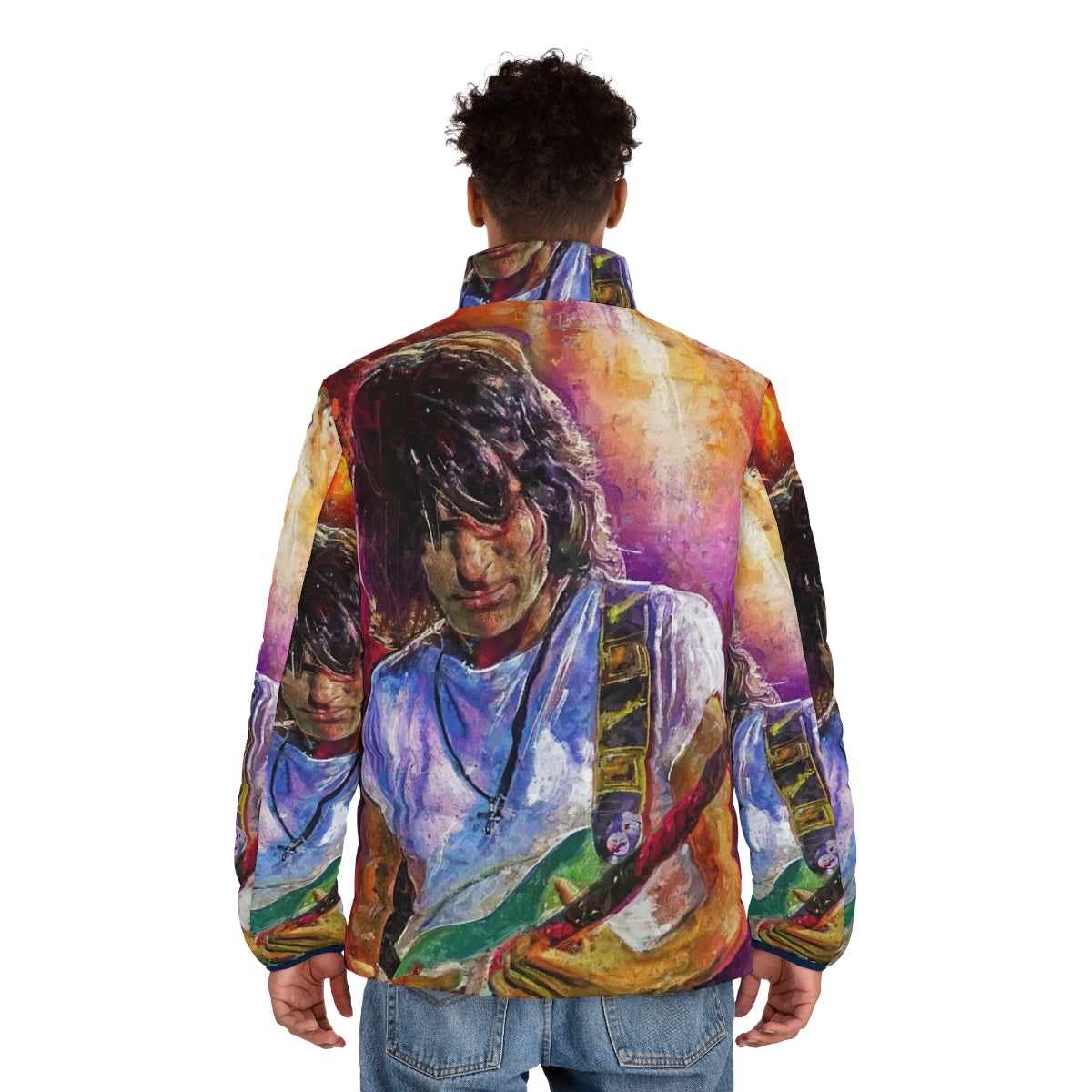 Jeff Beck Inspired Guitar Legend Puffer Jacket with Guitar Artwork - men back