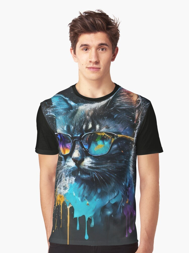 A vibrant, multicolored drip art design featuring a cool cat wearing sunglasses on a graphic t-shirt. - Men