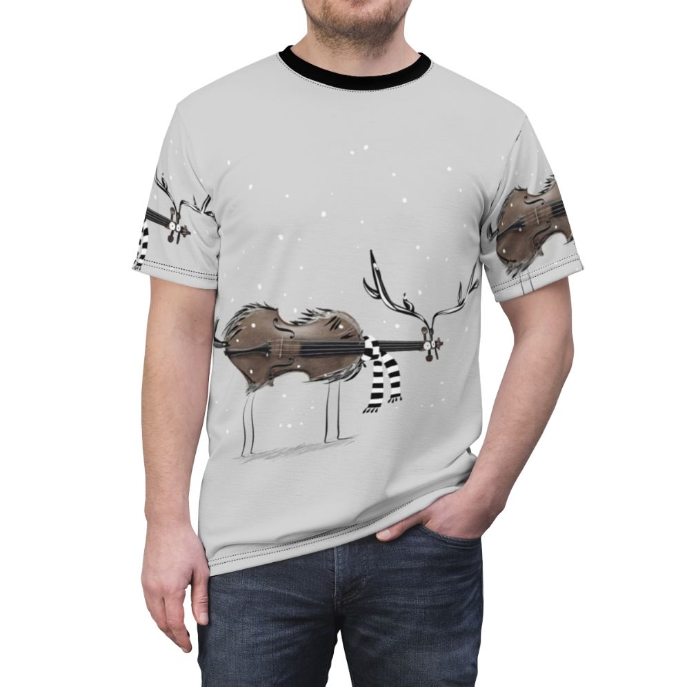 T-shirt featuring a design with a violin and reindeer in a winter scene - men front