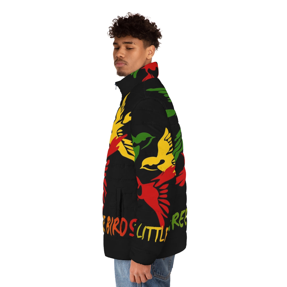 Three Little Birds Reggae Puffer Jacket with focus on reggae, rasta, and Jamaican style - men side left