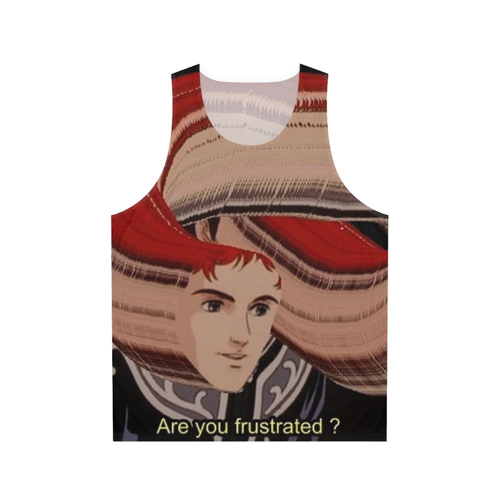 Unisex tank top with 'F R U S T R A T I O N' anime-inspired graphic design