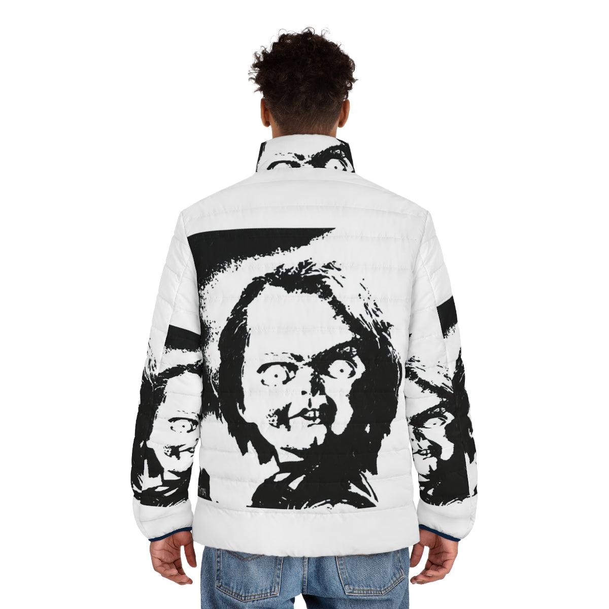 Chucky Puffer Jacket featuring horror movie pop art design - men back