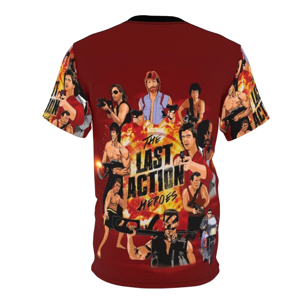 Vibrant t-shirt design featuring iconic 80s action movie stars in a retro, nostalgic style - Back