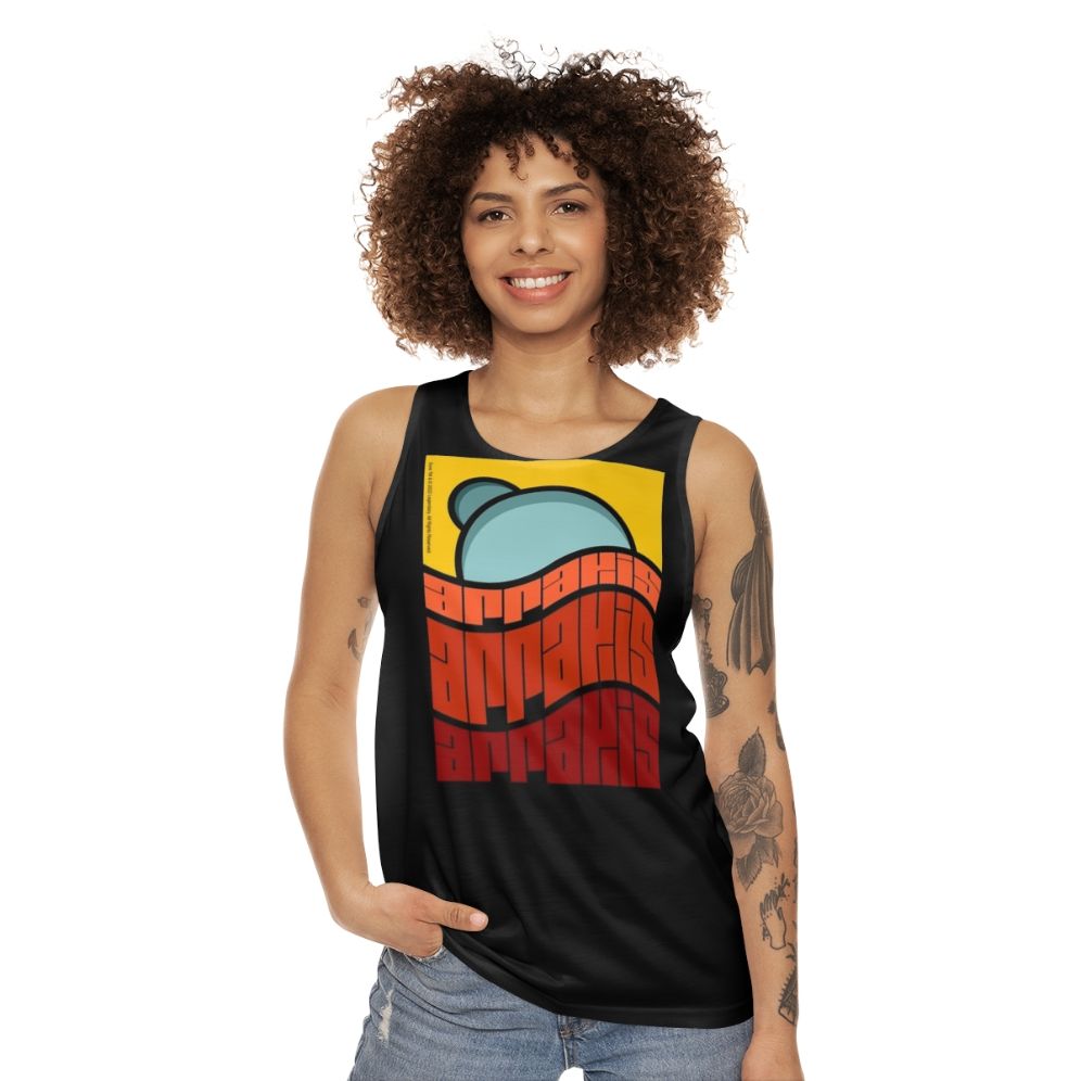 Dune movie inspired unisex tank top with Arrakis poster design - women