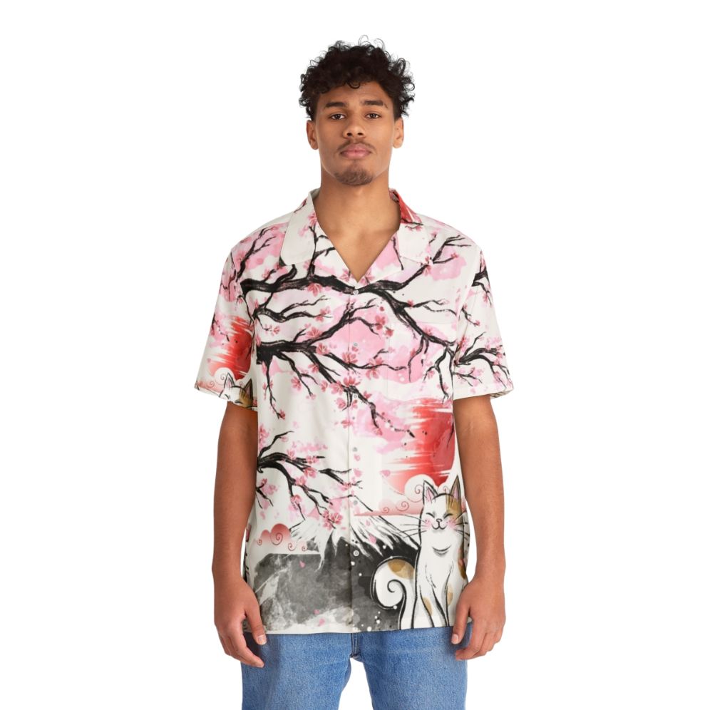 Sakura Cat Hawaiian Shirt with Japanese Cherry Blossom and Cat Design - People Front