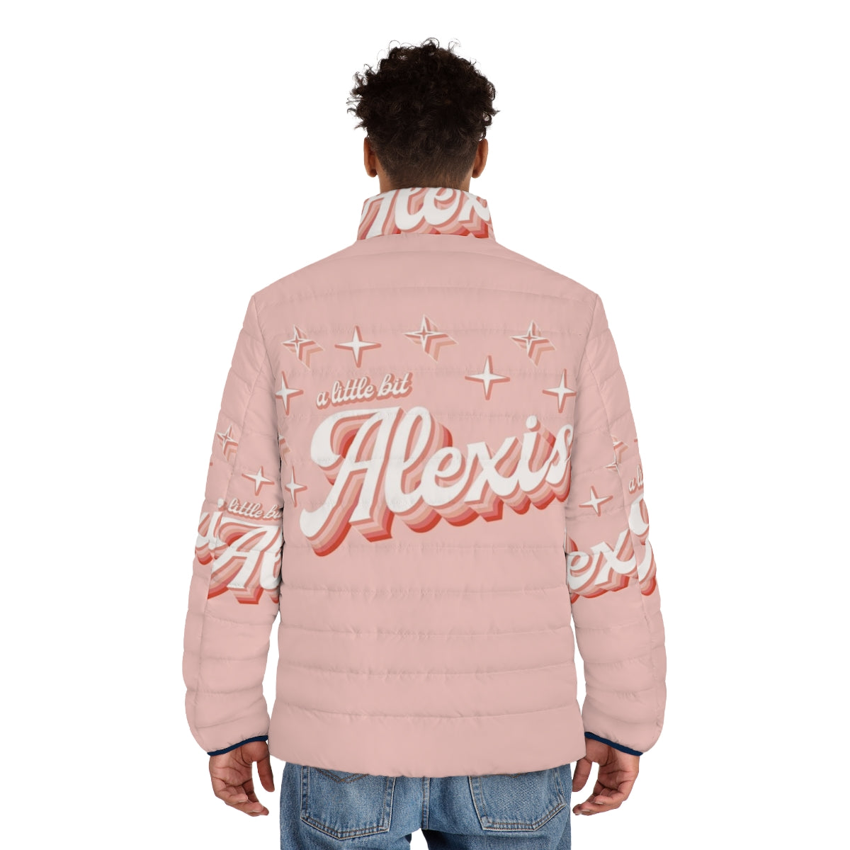 Alexis Rose inspired pink gradient puffer jacket with retro star pattern - men back